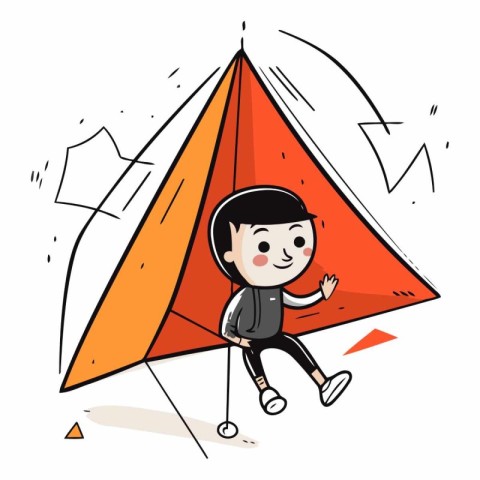 Little boy playing with a kite. Vector hand drawn illustration.