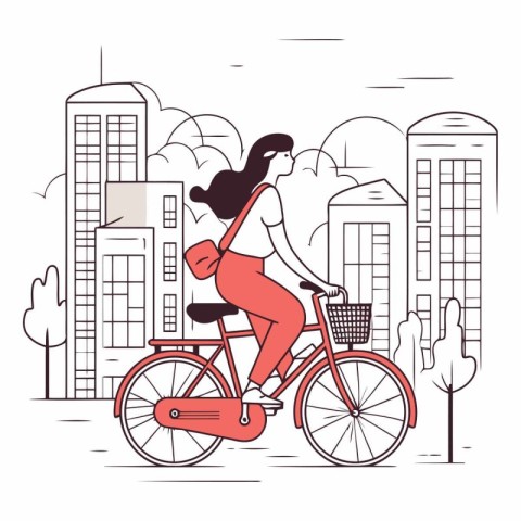 Woman riding bicycle in the city in linear style.