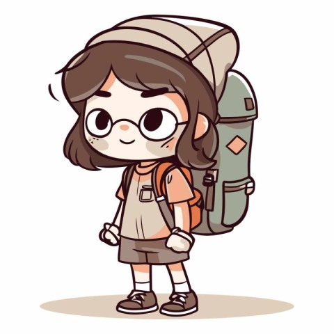 Cute little girl with backpack in cartoon style.