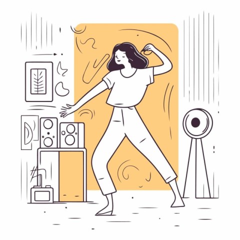 Vector illustration of a woman dancing in the living room at hom