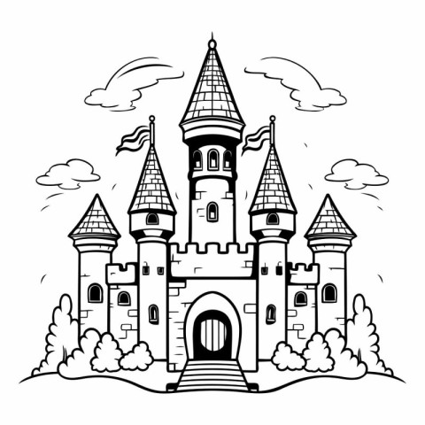 Fairytale castle. Black and white illustration for coloring book