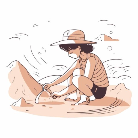 A girl in a hat puts sand in the sand