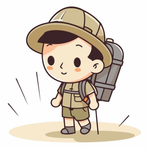 Boy scout with backpack and hat on white background.