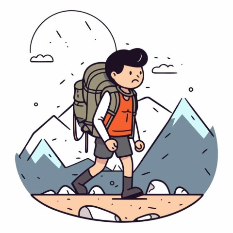 Vector illustration of a hiker with a backpack walking in the mo