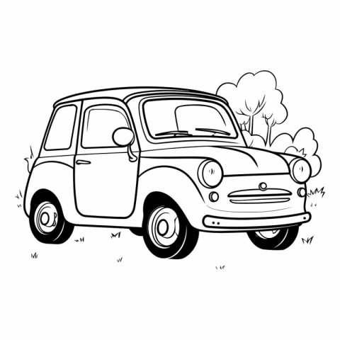 Retro car in the park. Hand drawn vector illustration isolated o