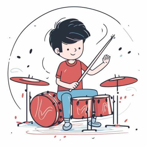 Cute little boy playing drums in cartoon style.