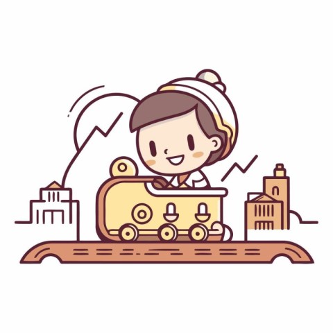 Vector illustration of a cute girl with train and city in the ba