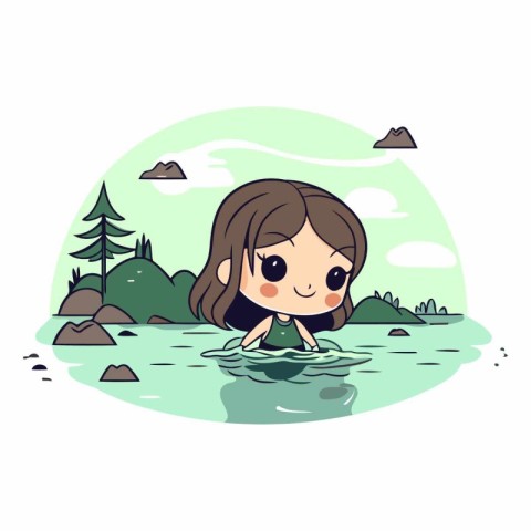 Cute little girl in the water. Cartoon style.