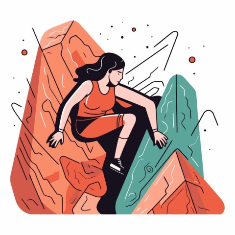 Vector illustration of a girl climbing up a mountain. Climbing c