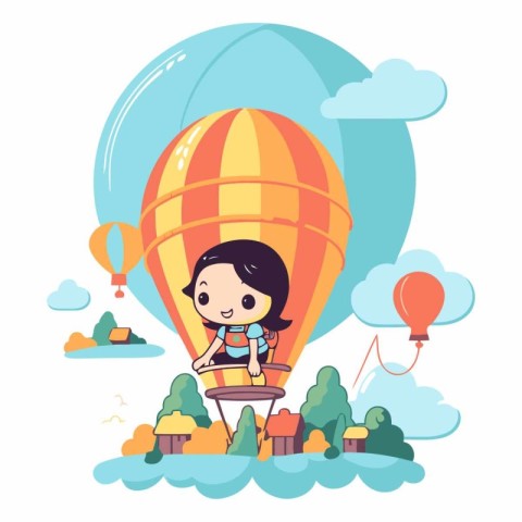 Cute little girl flying in hot air balloon.