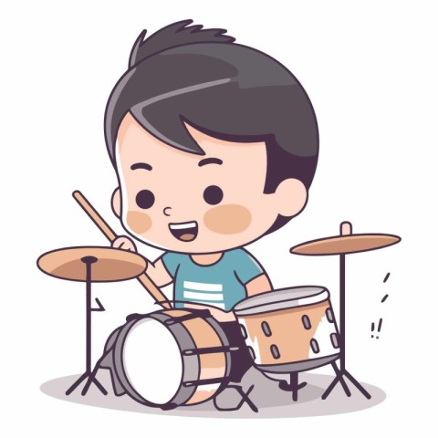 Boy playing drum set. Cute cartoon character.