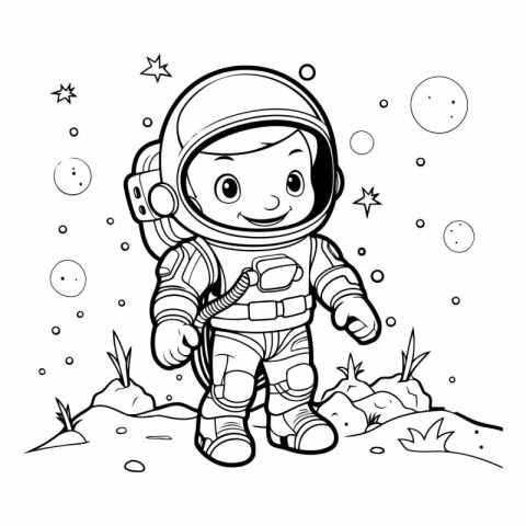 Cute astronaut in space. black and white vector illustration for