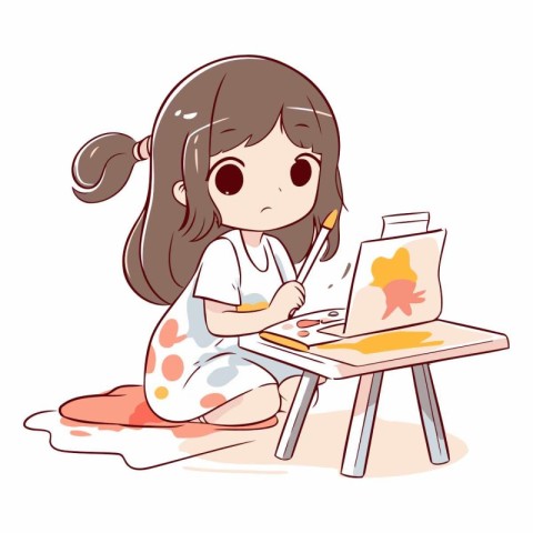 Illustration of a cute little girl painting a picture on a white