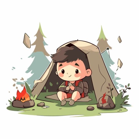 Cute boy camping in the woods on white background.