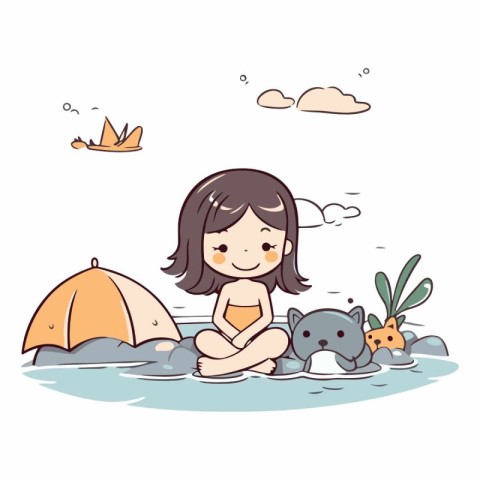 Cute cartoon girl playing with a cat in the sea.