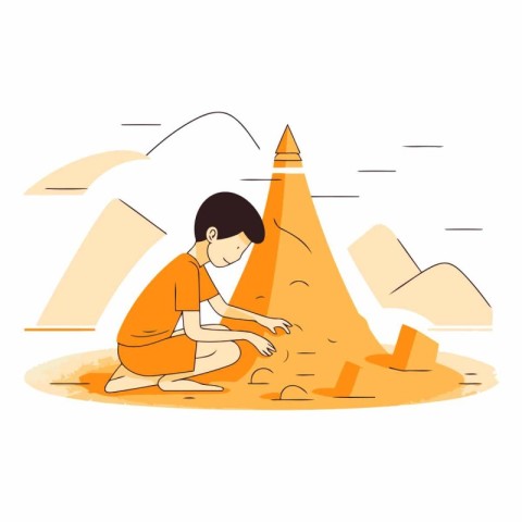 Boy playing with sand in the desert in flat style