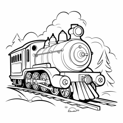 Vintage steam locomotive. Black and white vector illustration fo