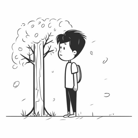 Vector illustration of a boy standing under a tree in the park.