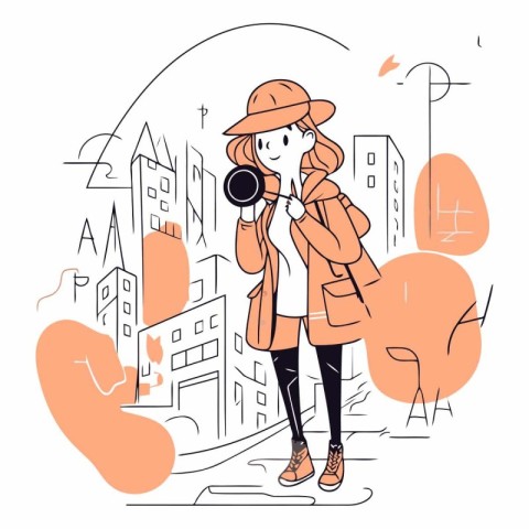 Young woman in a red coat and hat with a camera on a city street