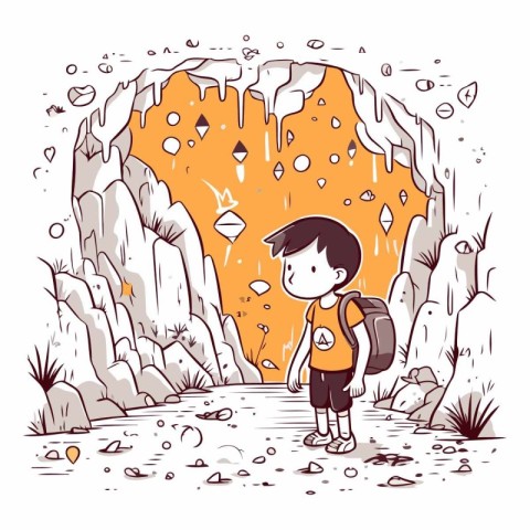 Cute boy hiking in the cave. Vector hand drawn illustration.