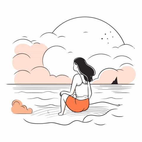 Girl sitting on the beach in line art style.