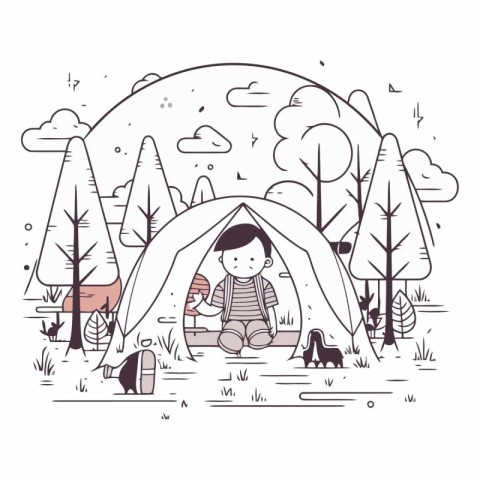 Little boy sitting in a tent in the forest.