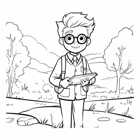 Vector illustration of a boy in glasses with a tablet in his han