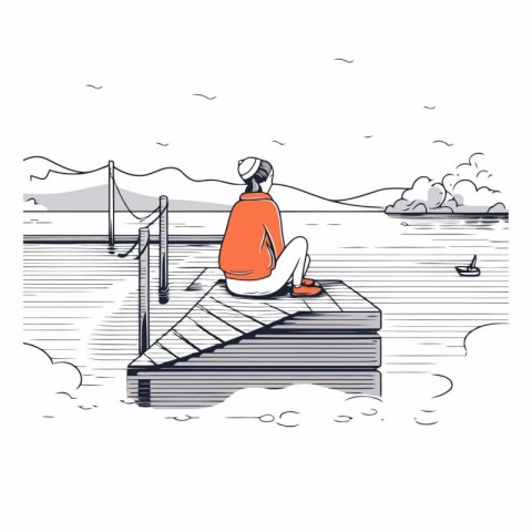 Girl sitting on the pier on the lake. Vector hand drawn illustra