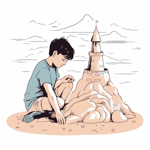 Vector illustration of a boy sitting on the sand and looking at