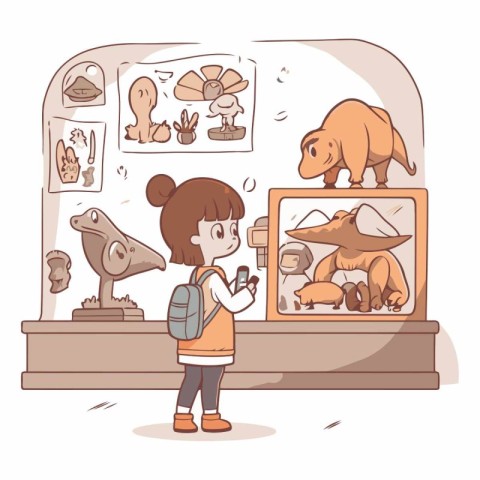 Vector illustration of a girl looking at prehistoric animals in