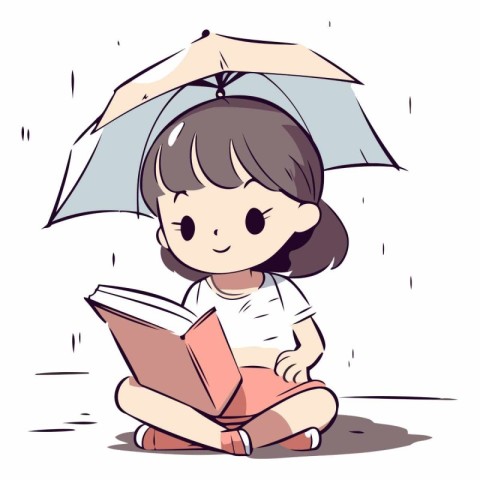 Illustration of a little girl reading a book under an umbrella.