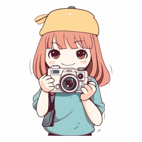 Illustration of a cute girl taking a photo with a camera.