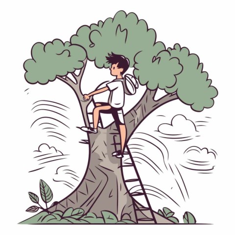 Young man climbing on a tree in cartoon style.