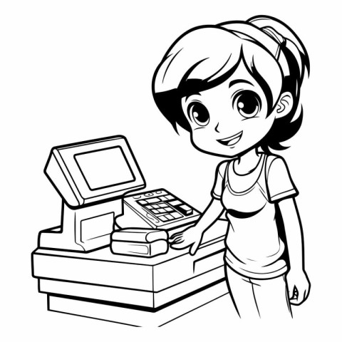 Black and white illustration of a girl with a cash register and