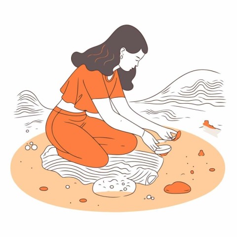 Vector illustration of a girl sitting on the sand and playing wi