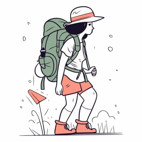 Young woman hiker with backpack and hat in sketch style.