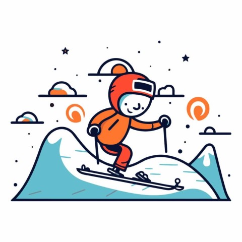 Skier skiing downhill in flat line style. Winter sport vector il