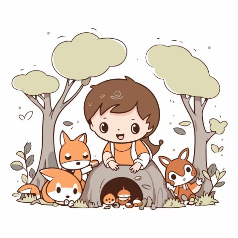 cute little girl with her friends in the park vector illustratio