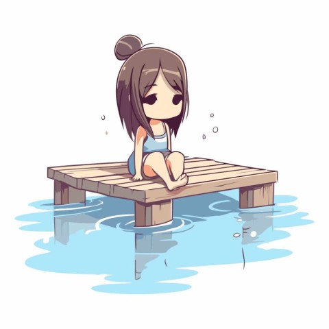 Illustration of a little girl sitting on a wooden pier in the wa