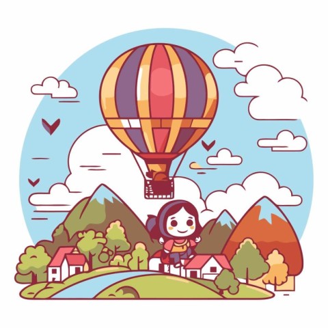 Cute little girl flying in hot air balloon.