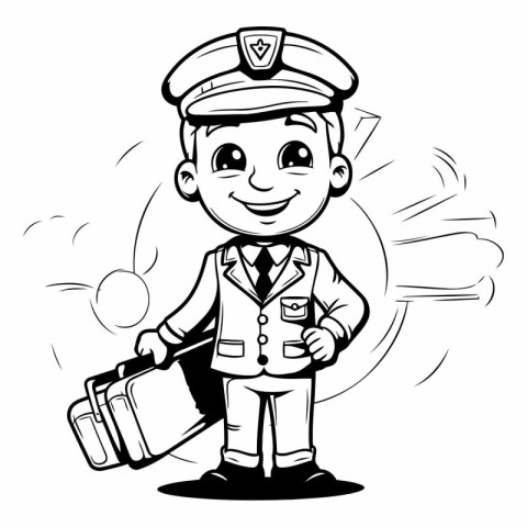 Black and White Cartoon Illustration of Little Boy Pilot Charact