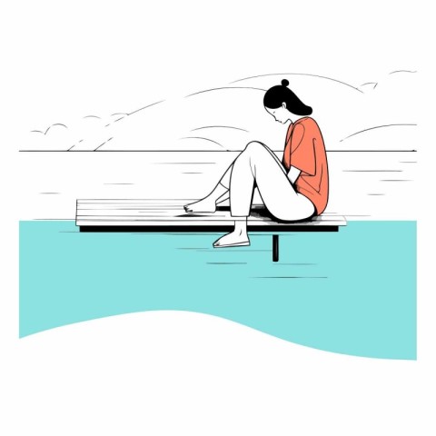 Young woman sitting on the pier and looking at the sea