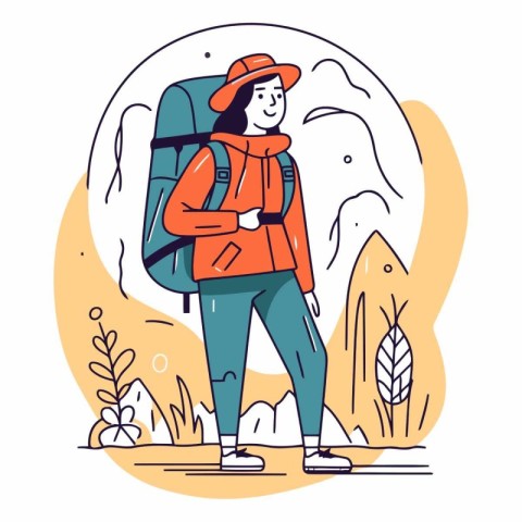 Vector illustration of a hiker with a backpack in the mountains.