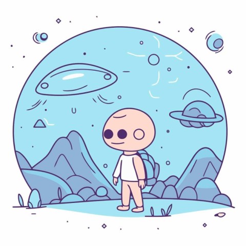 Cute little boy exploring the planet in cartoon style.