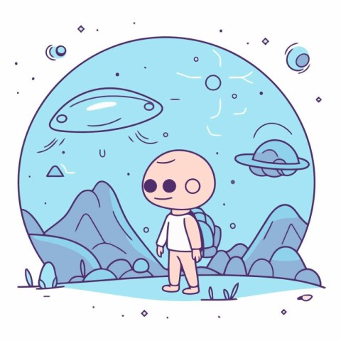 Cute little boy exploring the planet in cartoon style.