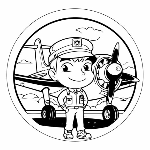 Black and White Cartoon Illustration of a Little Boy Pilot Chara