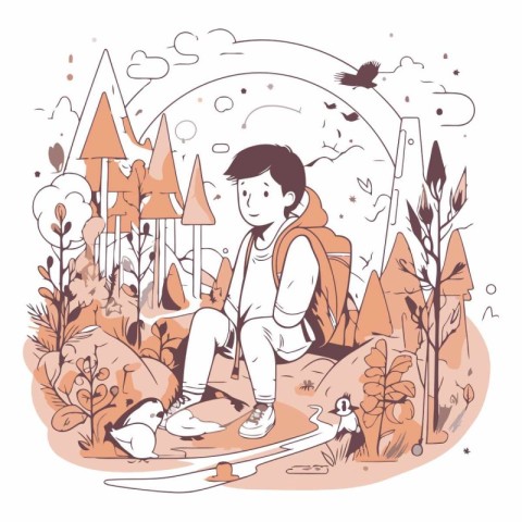 Vector illustration of a boy with a skateboard in the forest.