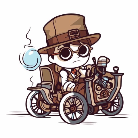 Illustration of a cartoon detective riding a vintage car.