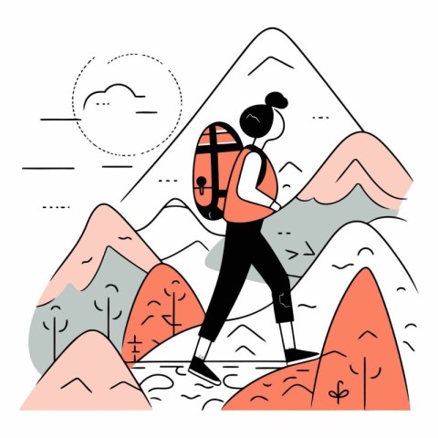 Vector illustration of a woman with a backpack hiking in the mou