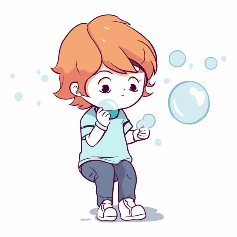 Cute little boy blowing soap bubbles on white background.